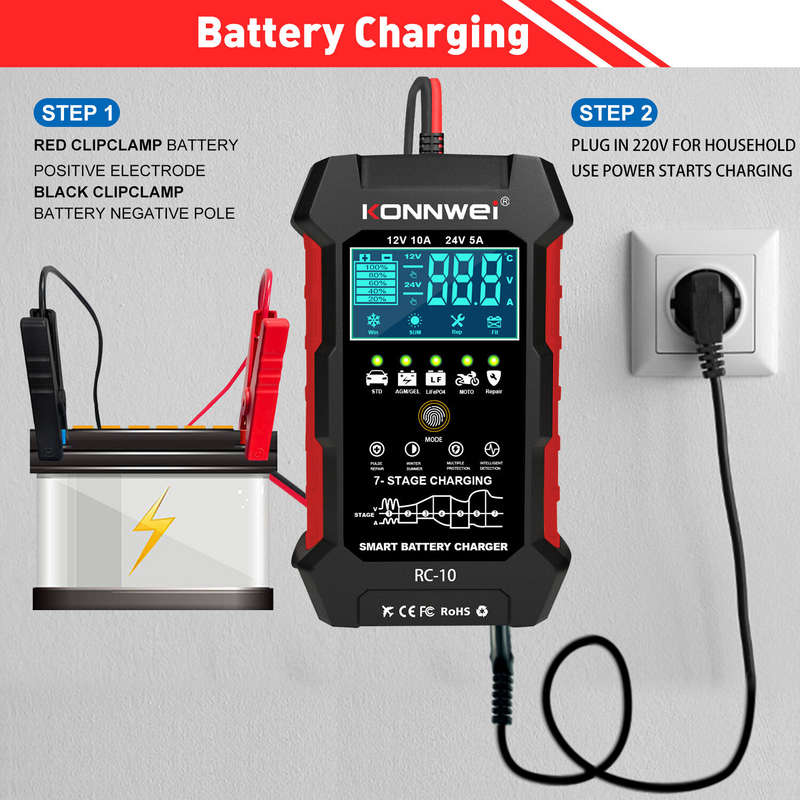 KONNWEI 12V 10A & 24V 5A Smart Automatic Battery Charger & Pulse Repair Tool 100-240V/50-60Hz