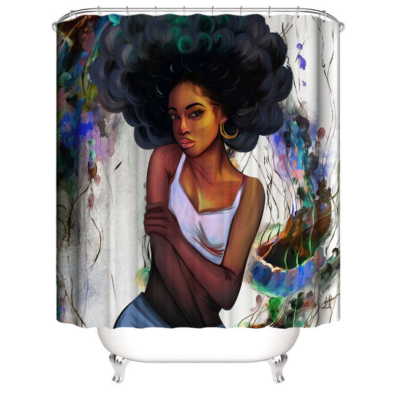 African Girl Shower Curtain Fabric Bathroom Curtains Set Non-slip Bath Mat Toilet Pad Carpet for Bat