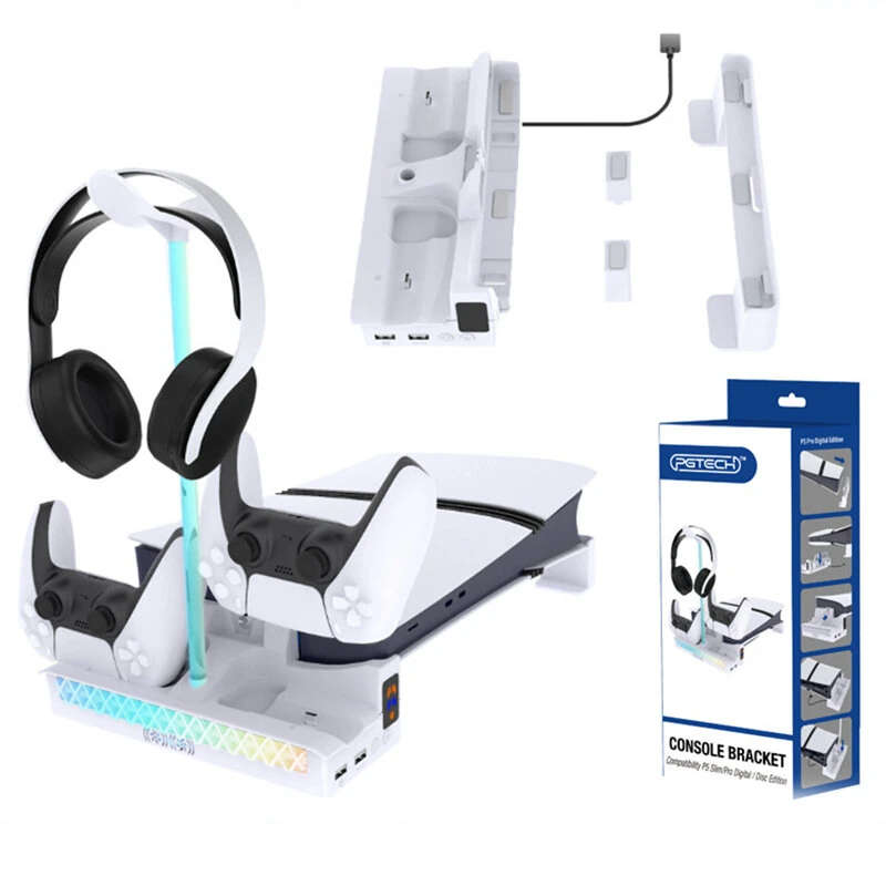 PGTECH GP-533S PS5 Pro Slim Horizontal Stand with Dual Cooling Fans RGB Lighting Dual Controller Cha