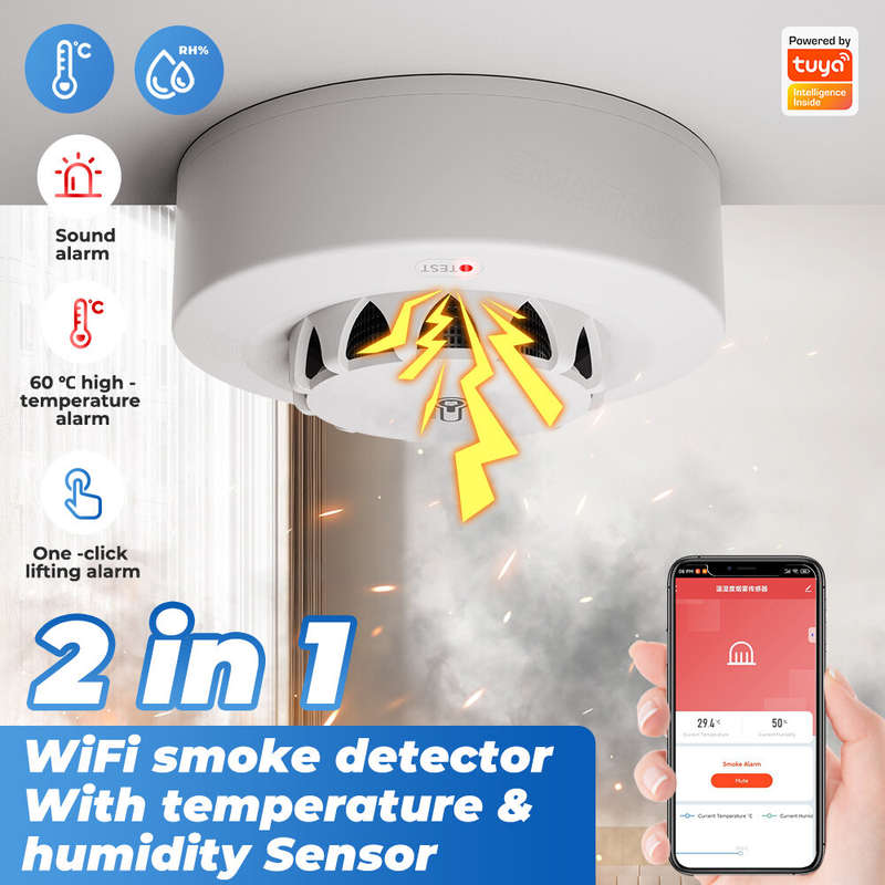 Tuya Wifi Smoke Sensor Alarm 80DB Smart Fire Temperature and Humidity Detector Security Protection V