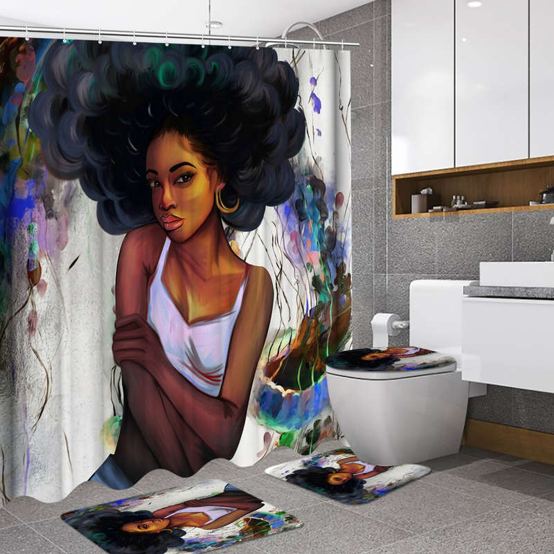 African Girl Shower Curtain Fabric Bathroom Curtains Set Non-slip Bath Mat Toilet Pad Carpet for Bat