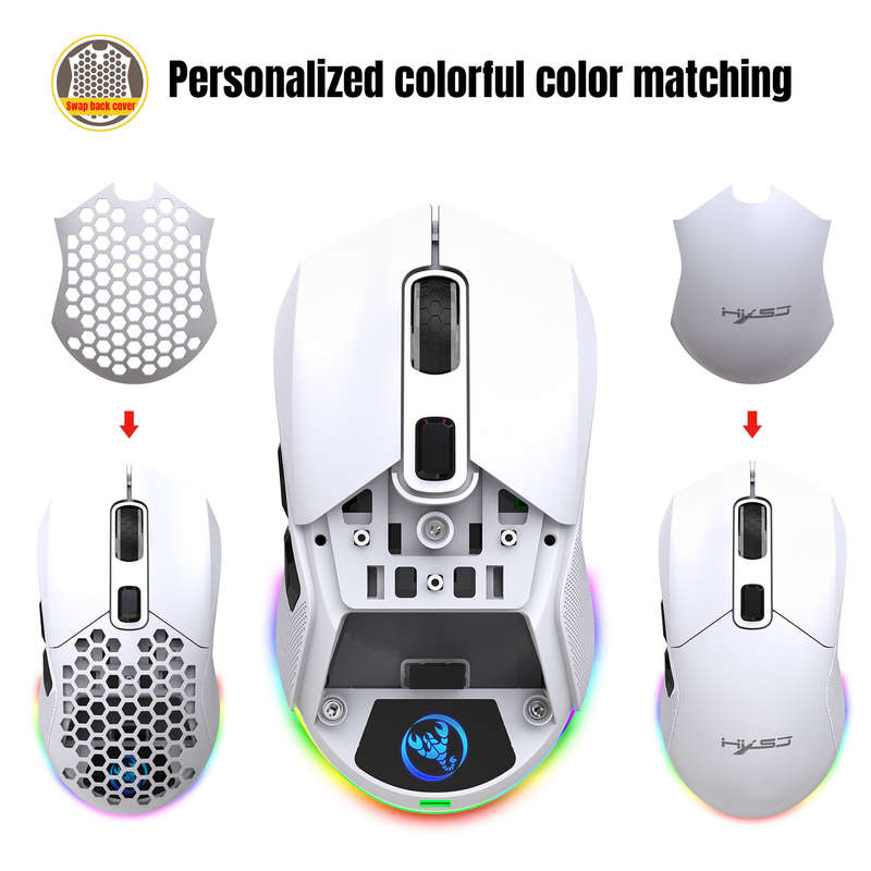 HXSJ T28 Hollow Wireless Mouse Rechargeable RGB Luminous 4800DPI Interchangeable Back Cover Gaming L