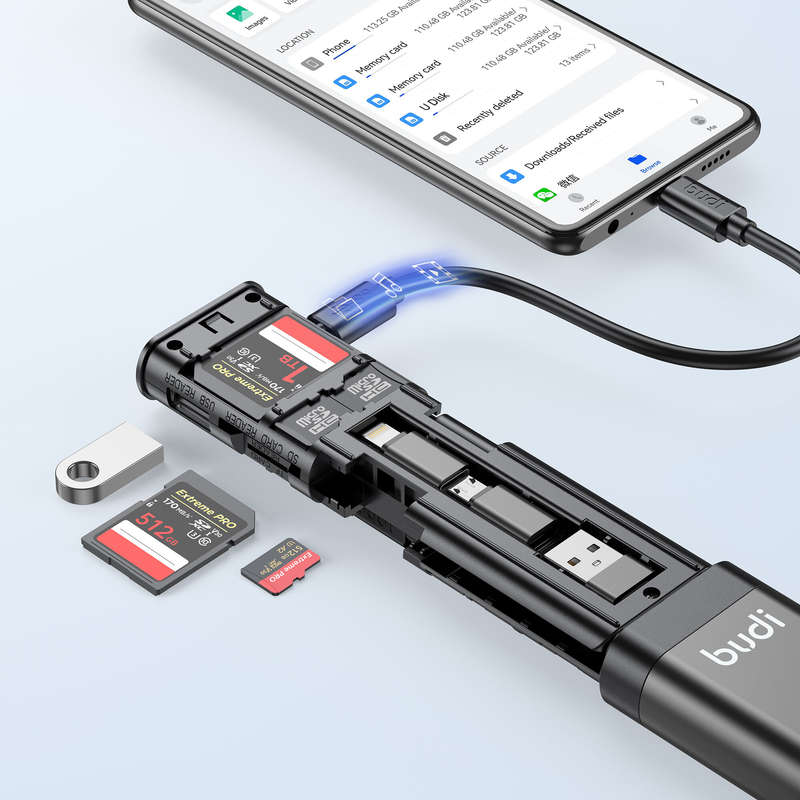 BUDI Multifunctional 9-in-1 SD Card Reader Cable and USB 3.0 Type-C Phone and External Camera and Co