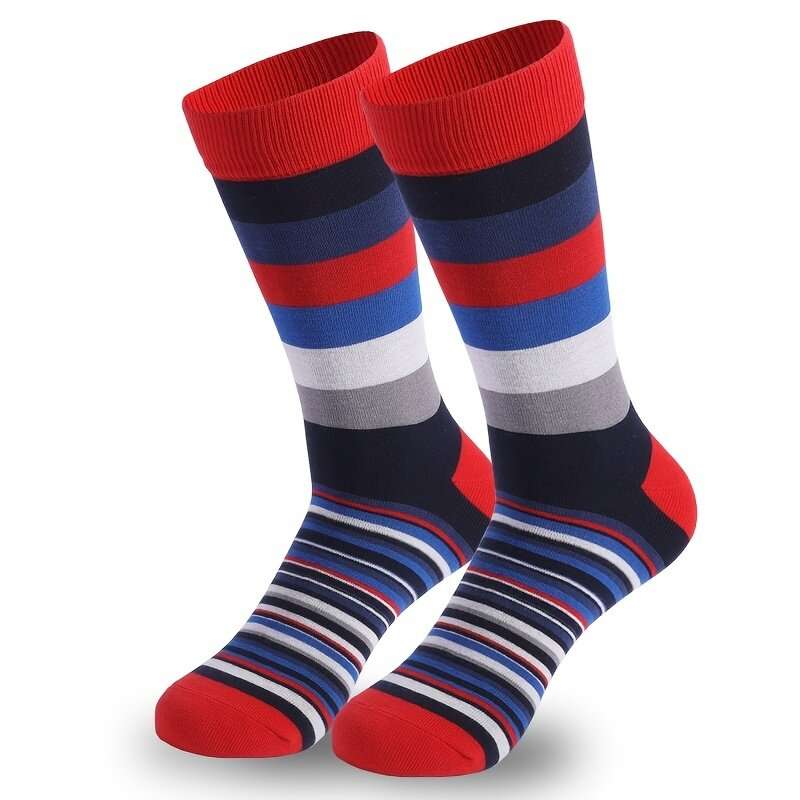 5 Pairs Men's Plus Size Dress Socks Crew Colorful Striped Funny Casual Mid Tube Socks Breathable Ela