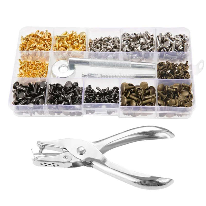 360Pcs/Set Leather Rivets Double Cap Rivet Tubular Metal Studs 1 Sizes with Punch Pliers and 3 Piece