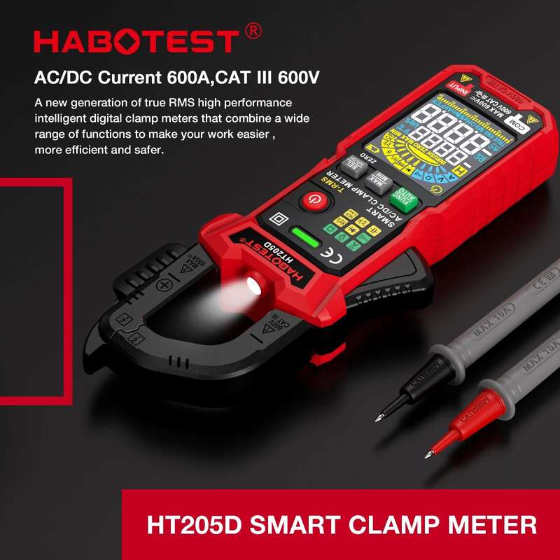 HABOTEST HT205 Inrush Clamp Meter 600A True RMS AC/DC Current Amp Meter Measures Current Voltage Tem