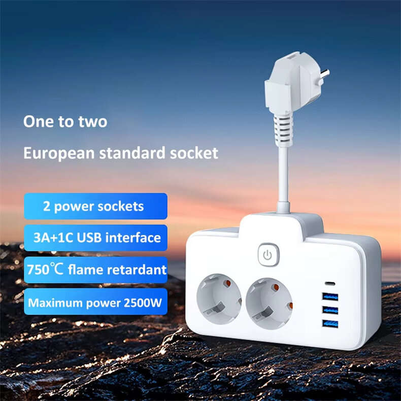 W602U EU Plug Extension Power Strip with 2 Power Sockets+3USB-A+USB-C Fast USB Charging Interface Mu