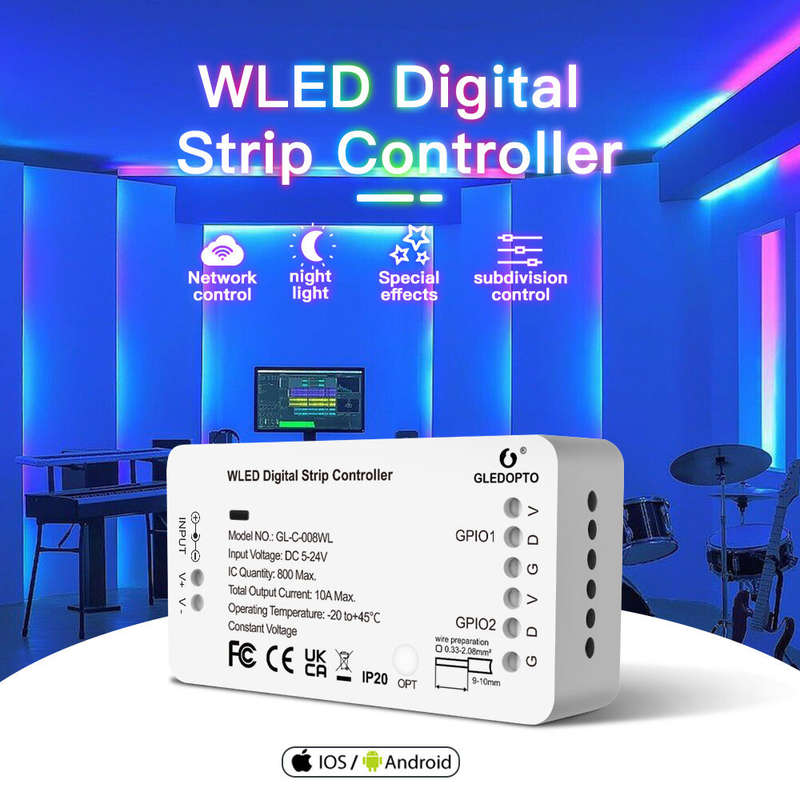 GLEDOPTO WLED Strip Light Controller 5-24V WS2812B WS2811 SK6812 TM1814 WS2813 WS2815 RGBIC LED Digi