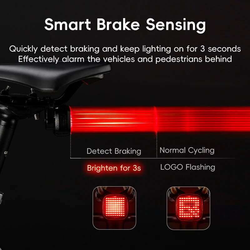 ROCKBROS Smart Bicycle Brake Sensing Taillight 12 Light Modes Vibration Sync Feedback IPX6 Waterproo