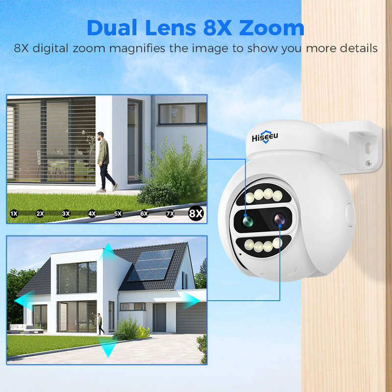 Hiseeu 4MP+4MP Dual Lens PTZ POE IP Camera 8X Zoom Full Color Night Vision 2-Way Audio H.265+ IP65 W