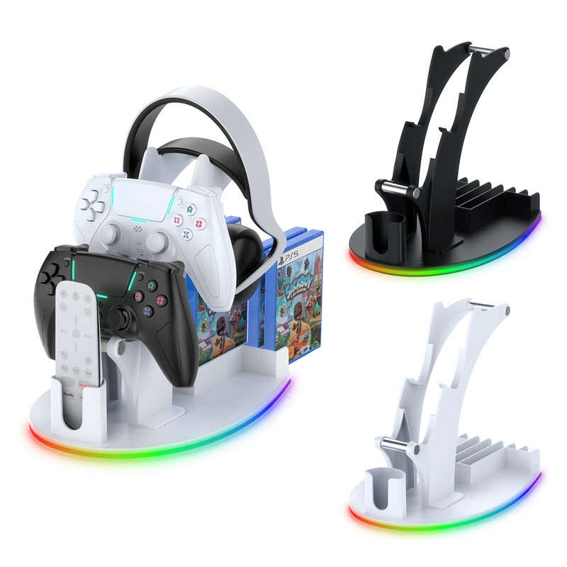 For PS5 Desktop Storage Stand with RGB Light Game Discs/Headphone/Gamepad/Media Player Organization