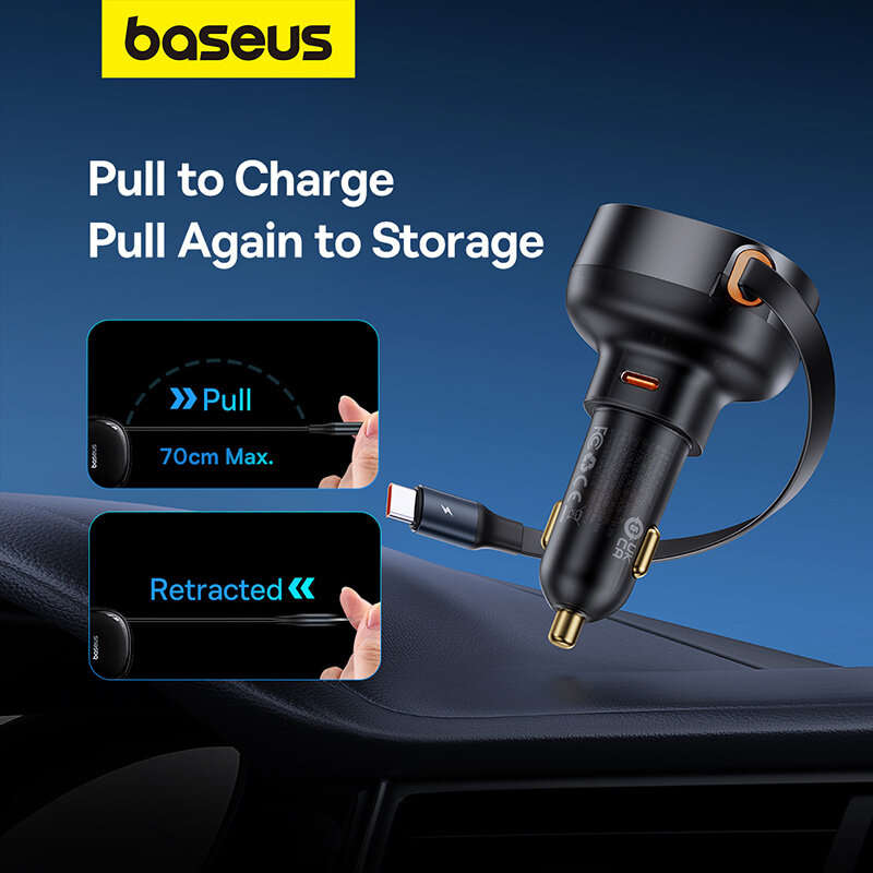 Baseus Enjoyment Pro 60W 1-Port USB Car Charger Built-in Retractable Type-C Cable Support QC3.0 2.0