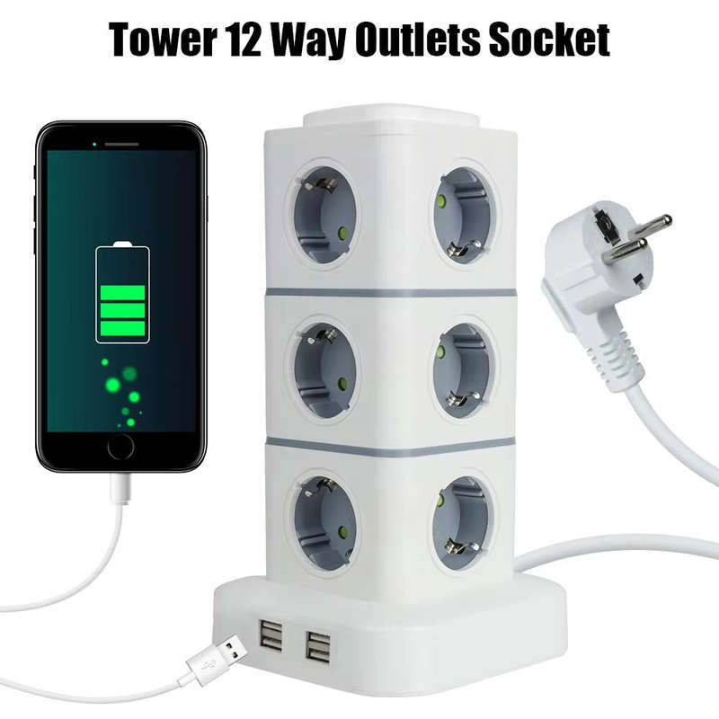 2500W Tower 12-way Outlets EU Socket with 4 USB Multi Power Strip with 2.8M Extension Cord Built-in