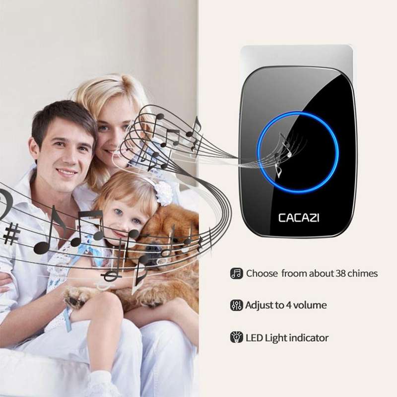 CACAZI A60 Waterproof Wireless Music Doorbell LED Light Battery 300M Remote Home Cordless Call Bell