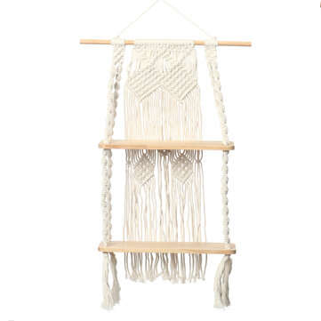2 Layers Woven Macrame Wooden Wall Shelf Modern Plant Holder Home Office Hanging Decor