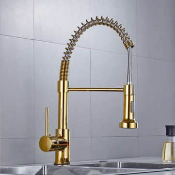 Luxury Gold Kitchen Sink Faucets Brass Single Lever Pull Out Spring Spout Mixers Tap Hot Cold Water