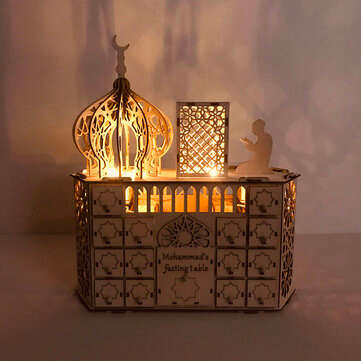 Wooden Mubarak Ramadan Advent Calendar 30 Day House Drawer LED Decor