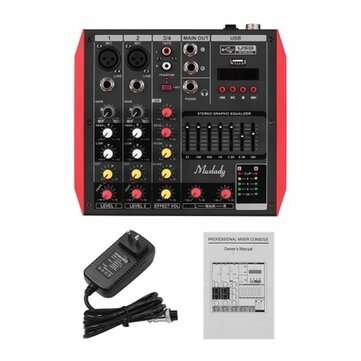 ELM D4 4 Channel Audio Bluetooth Mixer Mixing Console with 7-Band EQualizer USB Phantom Power 48V