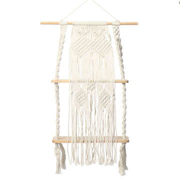 2 Layers Woven Macrame Wooden Wall Shelf Modern Plant Holder Home Office Hanging Decor