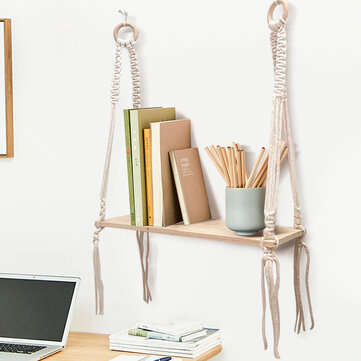 Wooden Bohemian Sling Rack Storage Rack Woven Rope Plant Rack Home DIY Decoration for Home Storage