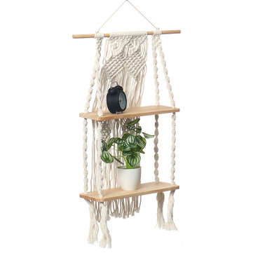 2 Layers Woven Macrame Wooden Wall Shelf Modern Plant Holder Home Office Hanging Decor