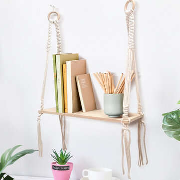 Wooden Bohemian Sling Rack Storage Rack Woven Rope Plant Rack Home DIY Decoration for Home Storage
