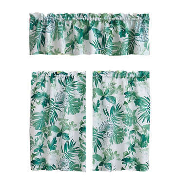 Kitchen Curtain Kit Tier Valance Set Leaf Pattern Window Home Bedroom Decor (COLOR: GREEN)