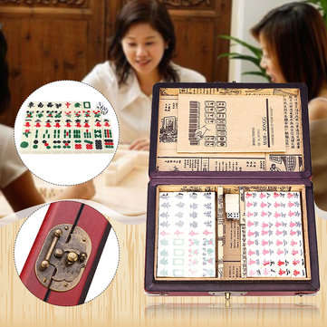 Chinese Mahjong Portable Retro Box Board Game Toy Rare 144 Tiles Mah-Jong Set In Leather Box