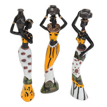 3Pcs African Lady Ornament with Vase Exquisite Ethnic Statue Sculptures National Culture Table Actio