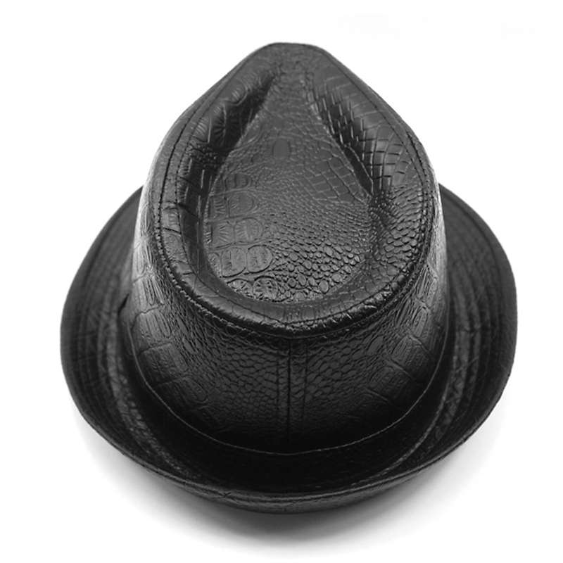 Mens PU Leather Crocodile Pattern Jazz Hat Outdoor Middle-aged Wide Brimmed Fedora Hat (Color Black)