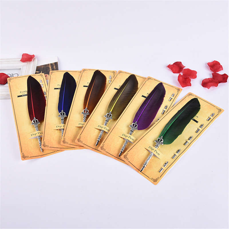 Retro Quill Feather Dip Pen Vintage Writing Calligraphy Fountain Pen With 5 Rep