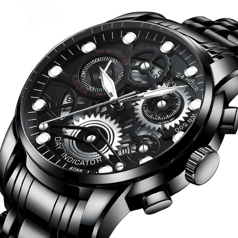 FNGEEN 4088 Fashion Business Hollow-Out Skeleton Dial Luminous Pointer with Calendar Date Display St