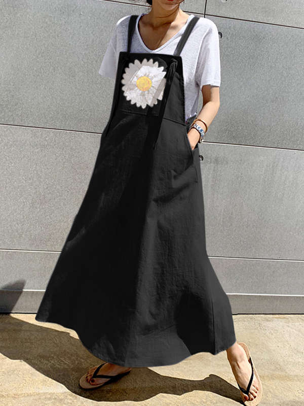 Small Daisies Print Adjustable Strap Casual Loose A-line Maxi Dress with Pocket (Size S Color Khaki)