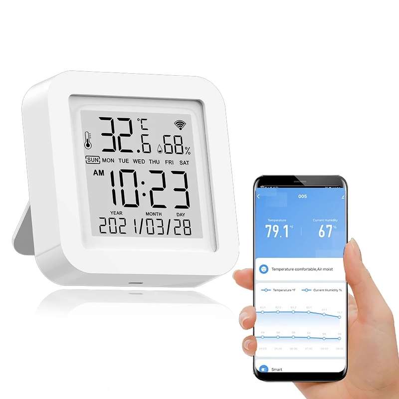 Tuya WIFI Temperature Humidity Smart Sensor Clock Digital Display Remote Control Thermometer Support