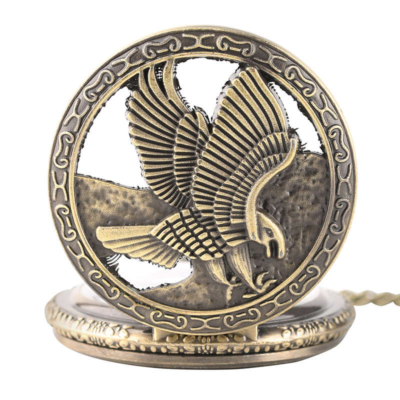 DEFFRUN Vintage bronze Eagle Wings Pattern Pocket Watch Necklace Digital Dial Quartz Pocket Watch