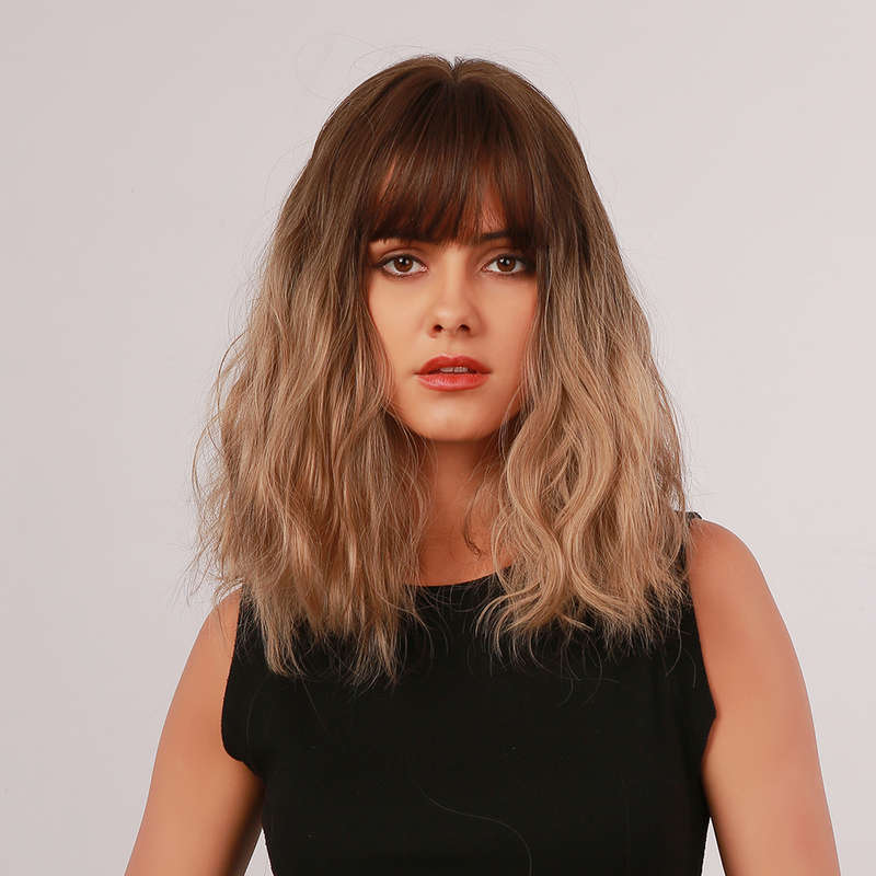 15 Inch Dark Brown Gradation Light Brown Medium-Length Curly Hair Full Head Cover Wig