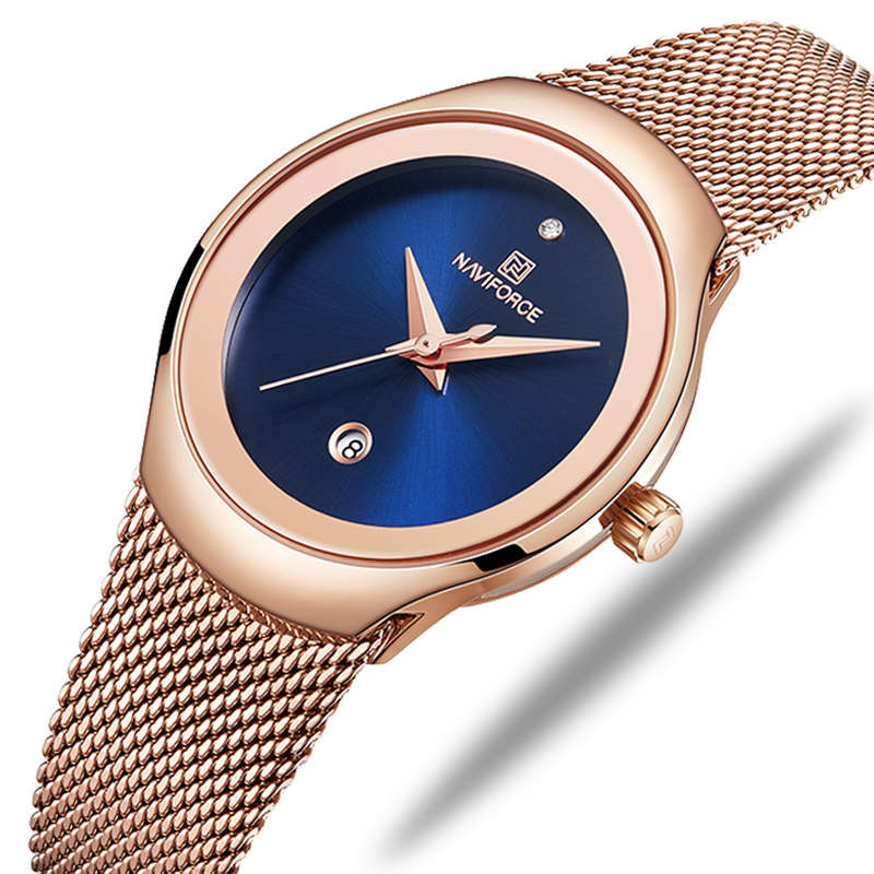 NAVIFORCENF5004VattenttMeshSteelLadies Armbandsur Fashionable Date Display Kvarts Kollap