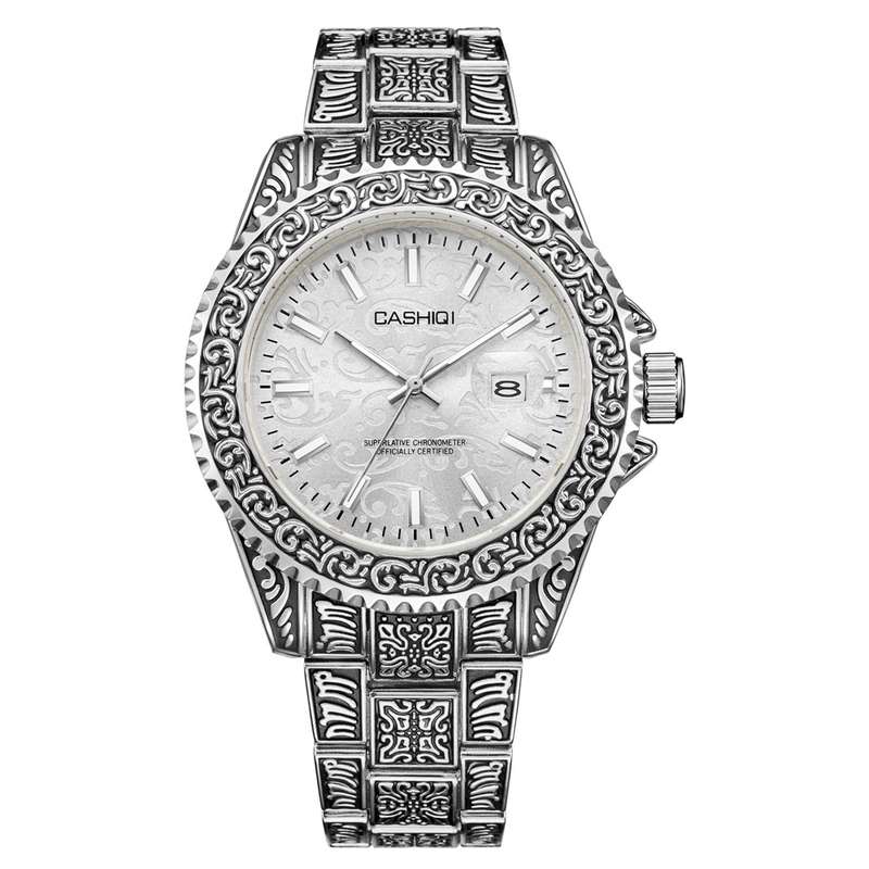 CASHIQI Fashion Luxury Retro Design Calendar Luminous 3ATM Waterproof Stainless Steel Band Men Quart