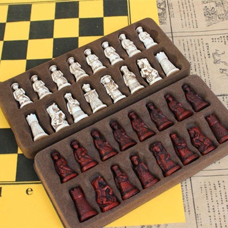 Antique Chess Set Leather Chessboard Qing Terracotta Pieces Figure Shape Parent