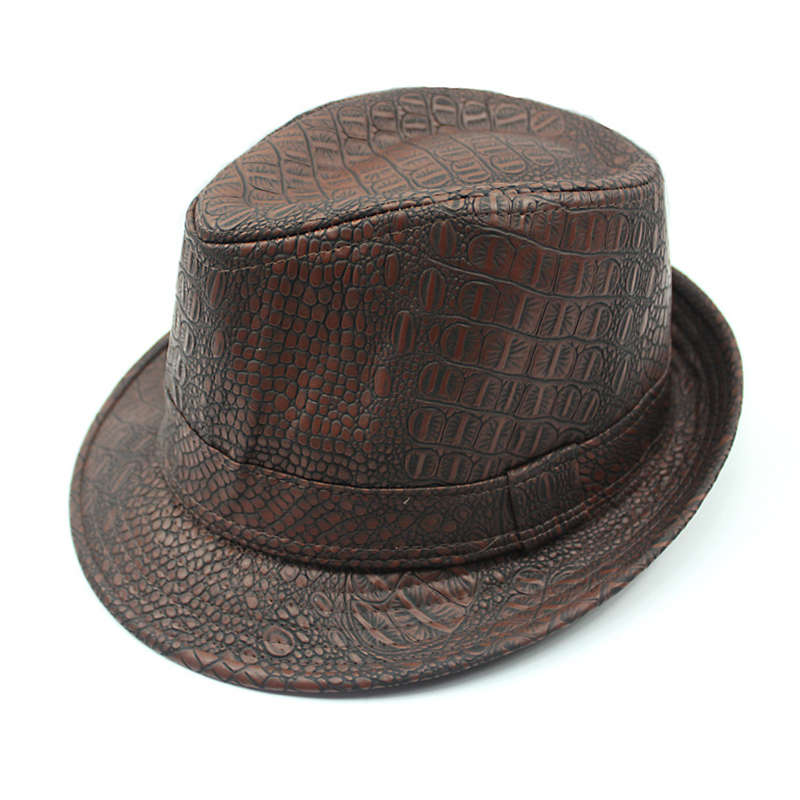 Mens PU Leather Crocodile Pattern Jazz Hat Outdoor Middle-aged Wide Brimmed Fedora Hat (Color Black)