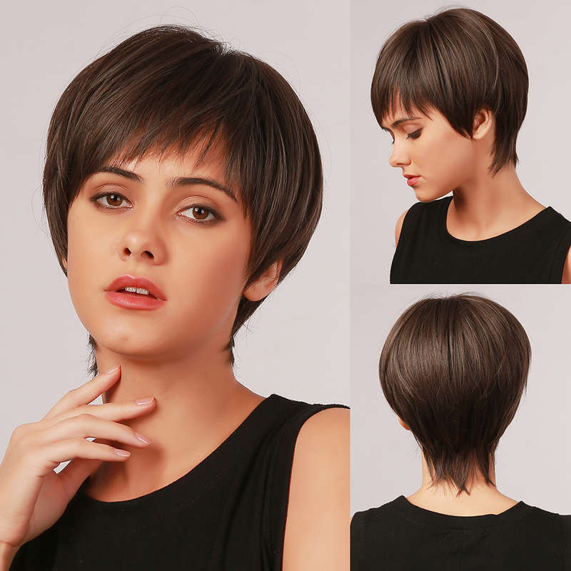 9 Inch Dark Brown Short Straight Hair Breathable Bangs High Temperature Fiber Wig