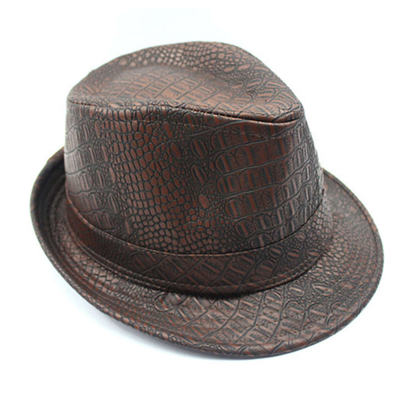Mens PU Leather Crocodile Pattern Jazz Hat Outdoor Middle-aged Wide Brimmed Fedora Hat (Color Black)