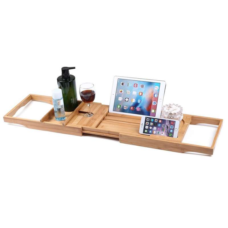 New Honana BX-816 Expandable Bamboo Bath Caddy Wine Glass Holder Tray Over Bathtub Rack Suppor