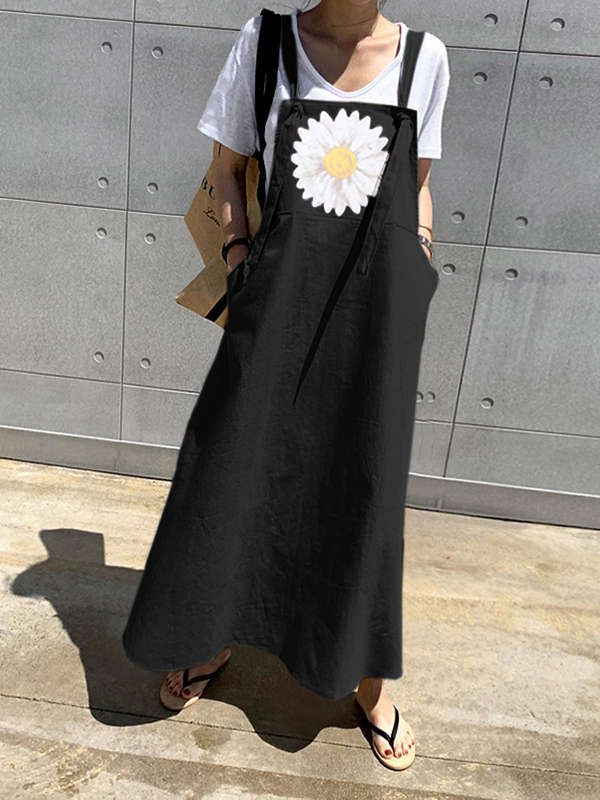 Small Daisies Print Adjustable Strap Casual Loose A-line Maxi Dress with Pocket (Size S Color Khaki)