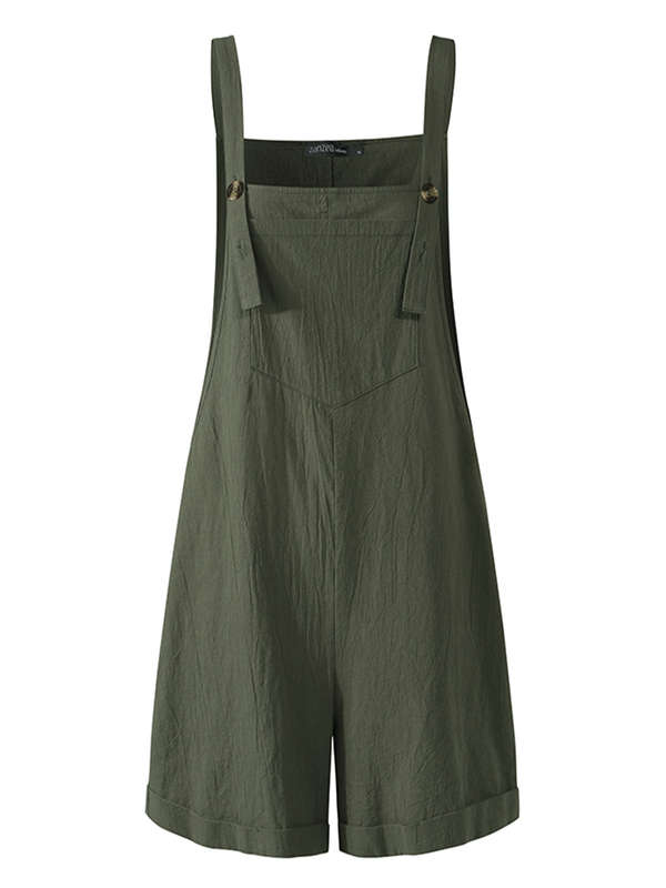 Women Cotton Pure Color Adjustable Straps Casual Jumpsuits With Pocket (Size S Color Off White)