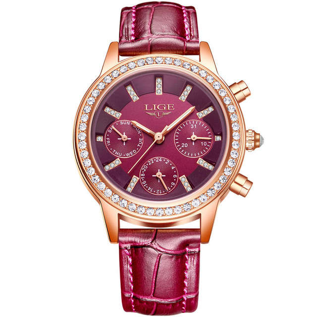 New LIGE 9812 Elegant Design Date Display Ladies Wrist Watch Diamonds Leather Ba