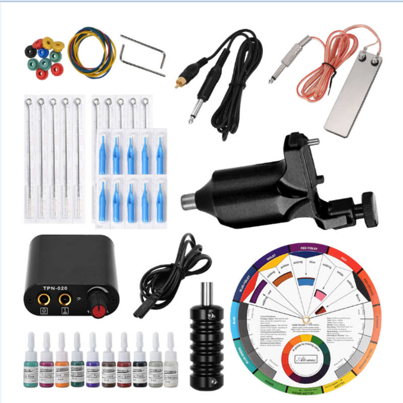 50Pcs Complete Tattoo Kit Professional Rotary Tattoo Machine Tattoo Powe (Plug US Plug Color1 Black)