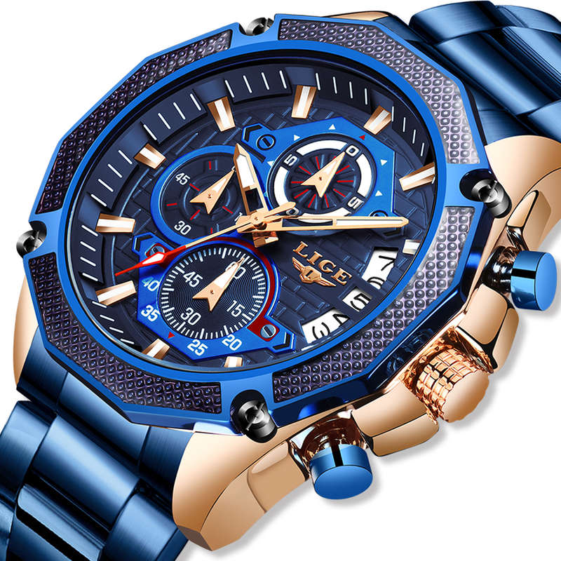 LIGE 10008 Business Style Full Steel Band Men Wrist Watch Chronograph Luminous Hand Quartz Watch
