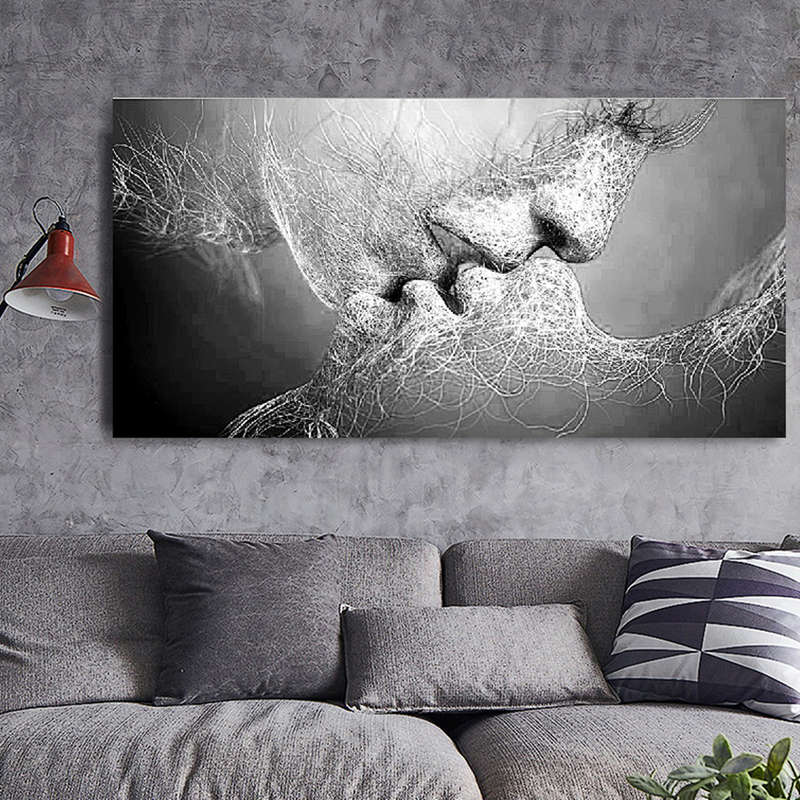 Black & White Love Kiss Wall Art Picture Print Abstract Arts on Paintings For Room Decorations