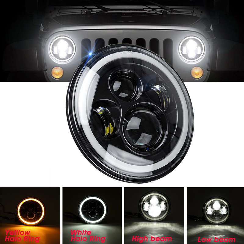 7'' 75W 6000K DRL Amber Halo Angle Eyes Projector LED Round Headlights Hi/Lo